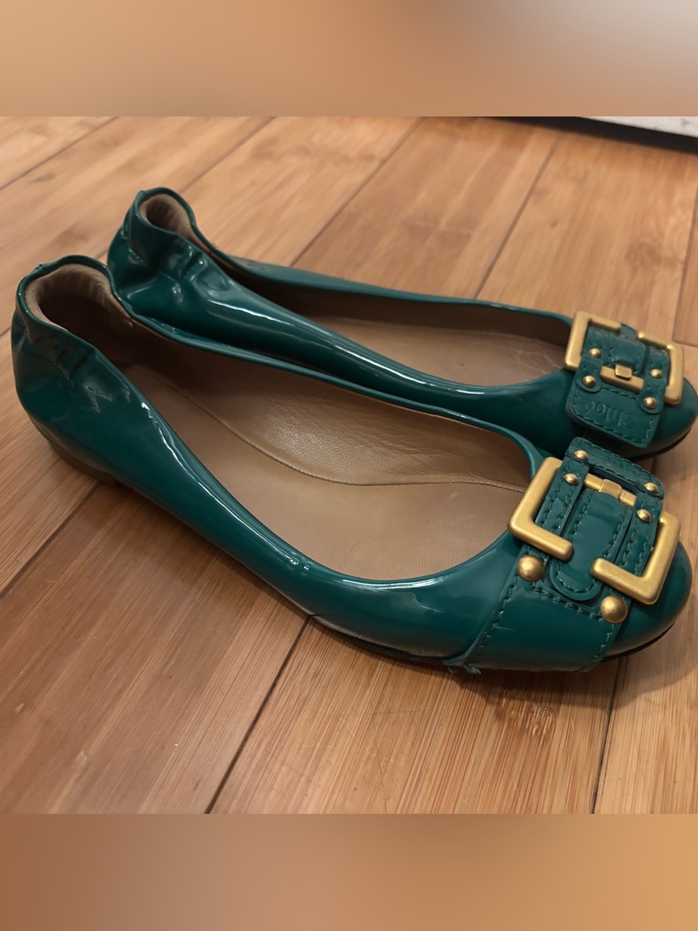 Chloe Teal Patent Leather Ballet Flats with Gold Buckle Detail